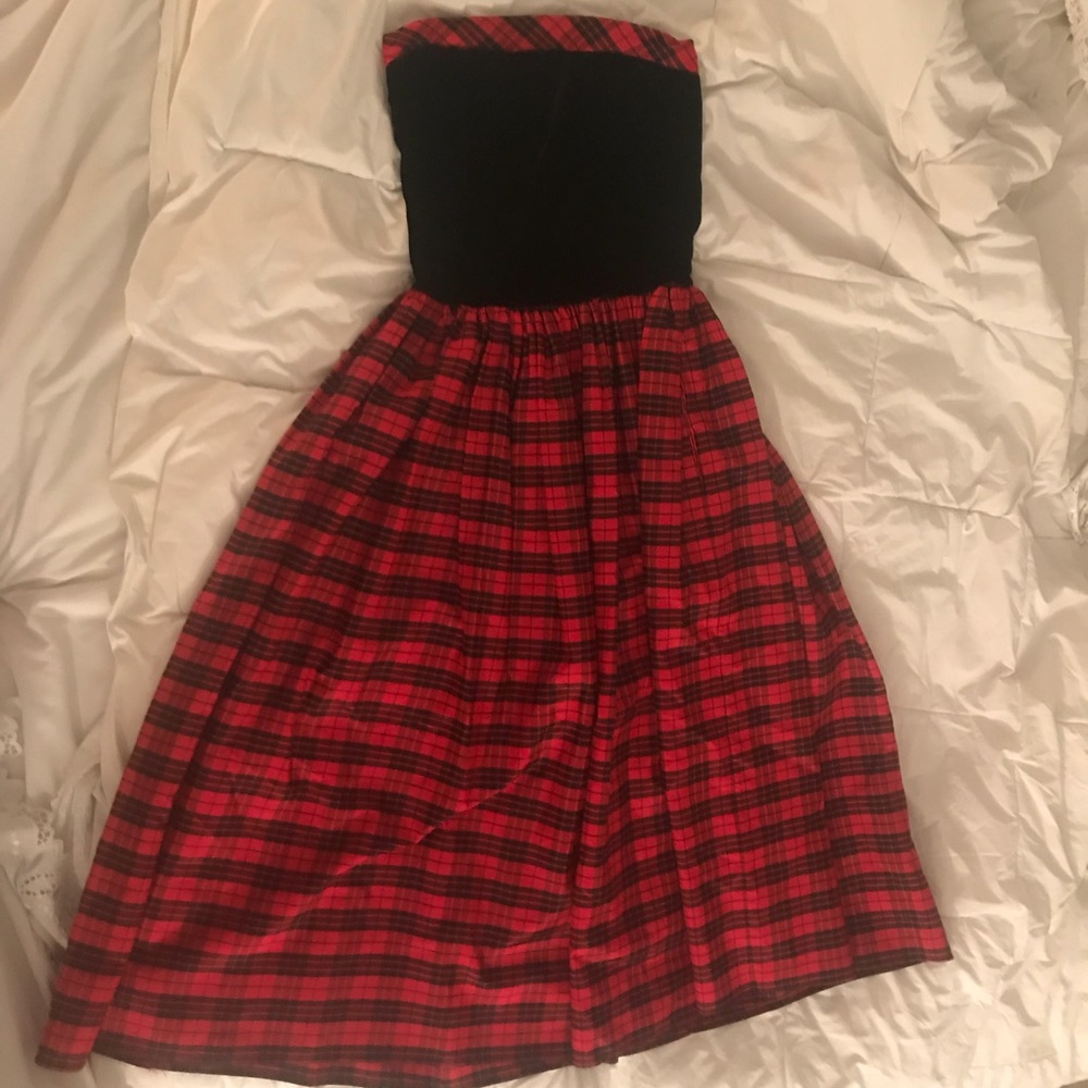 Vintage red plaid and velvet tea length dress.